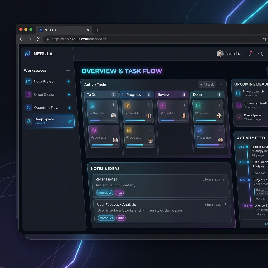 loci browser workspace dashboard mockup showing workspaces, active tasks, and ideas